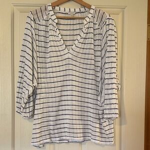 Lucky Brand White and Black Striped V-Neck Blouse